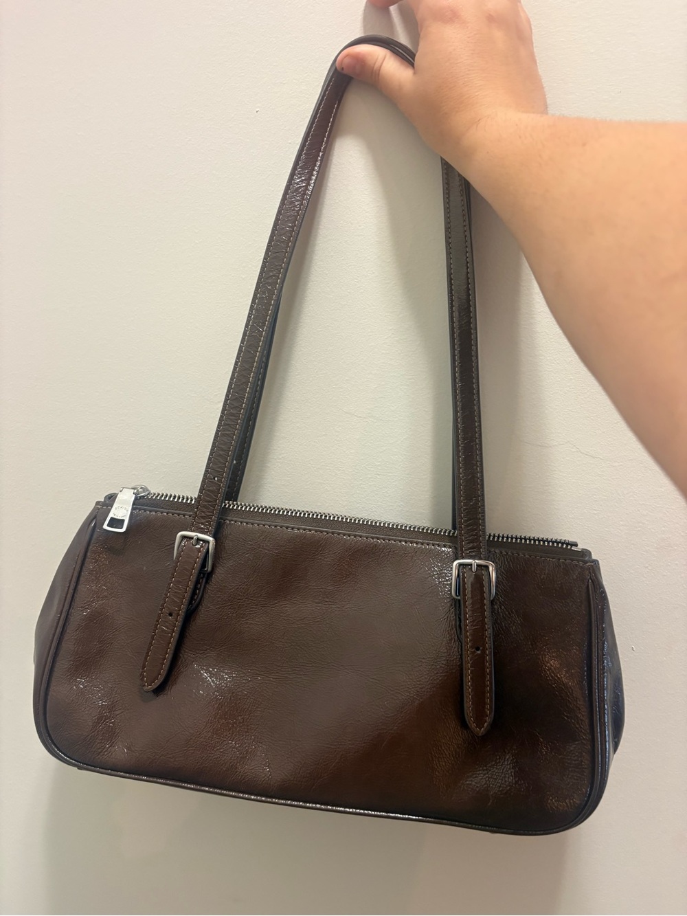 Coach Asher Brown Patent Leather Shoulder Bag with Silver Hardware - Picture 2 of 3
